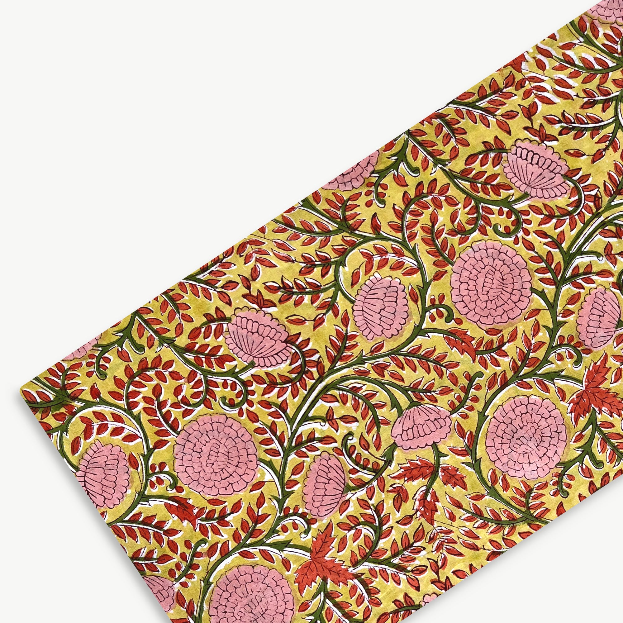 Mustard Pink Rose Jaal Rapid Hand Block Printed Cotton Fabric