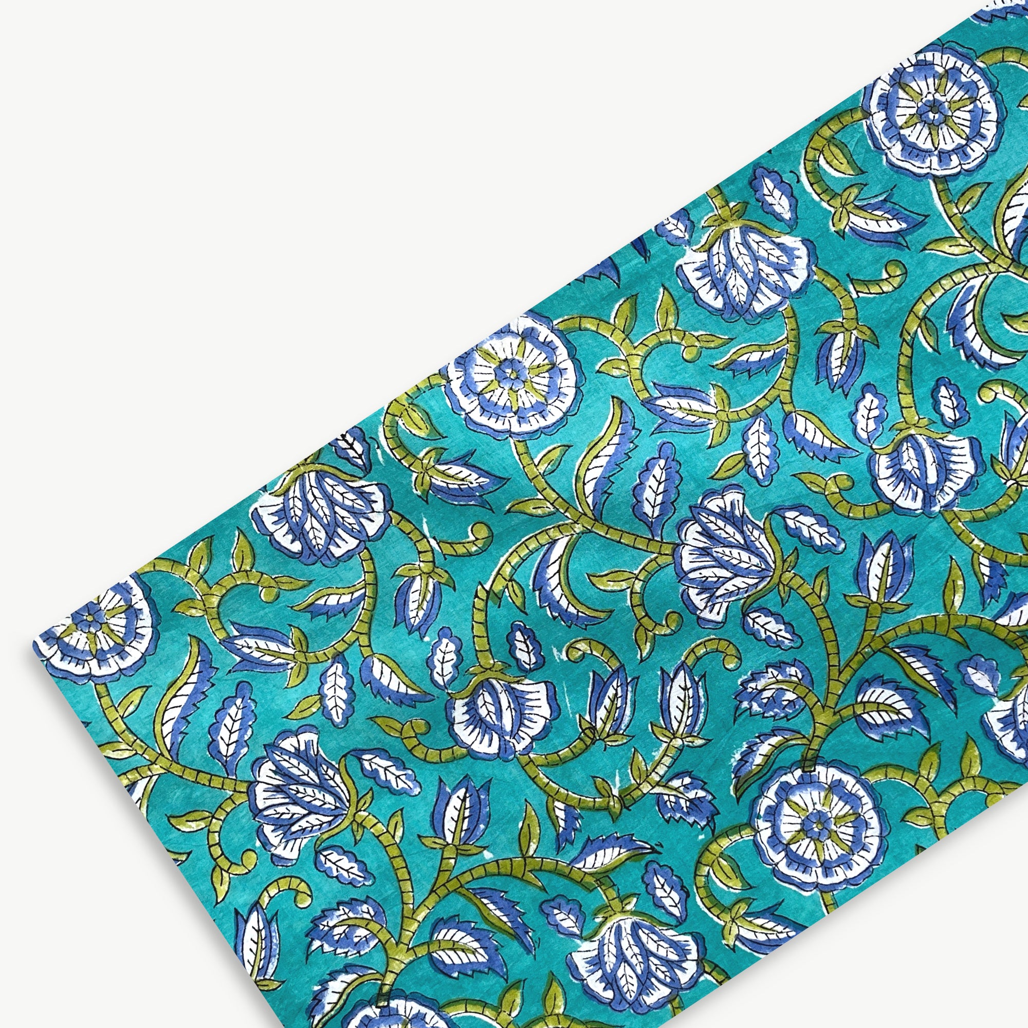 Blue Green Floral Jaal Rapid Hand Block Printed Cotton Fabric