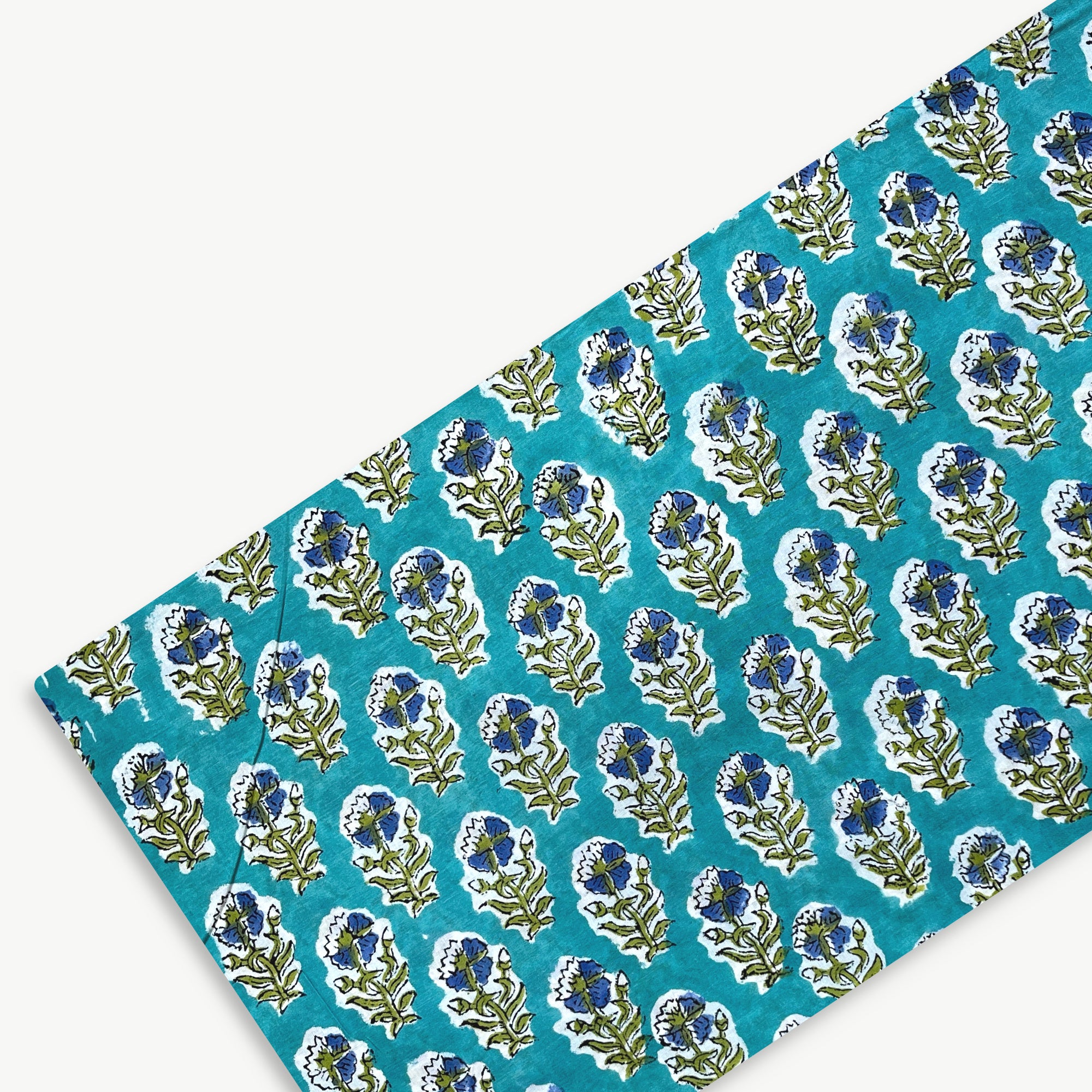 Blue Green Flower Butti Rapid Hand Block Printed Cotton Fabric