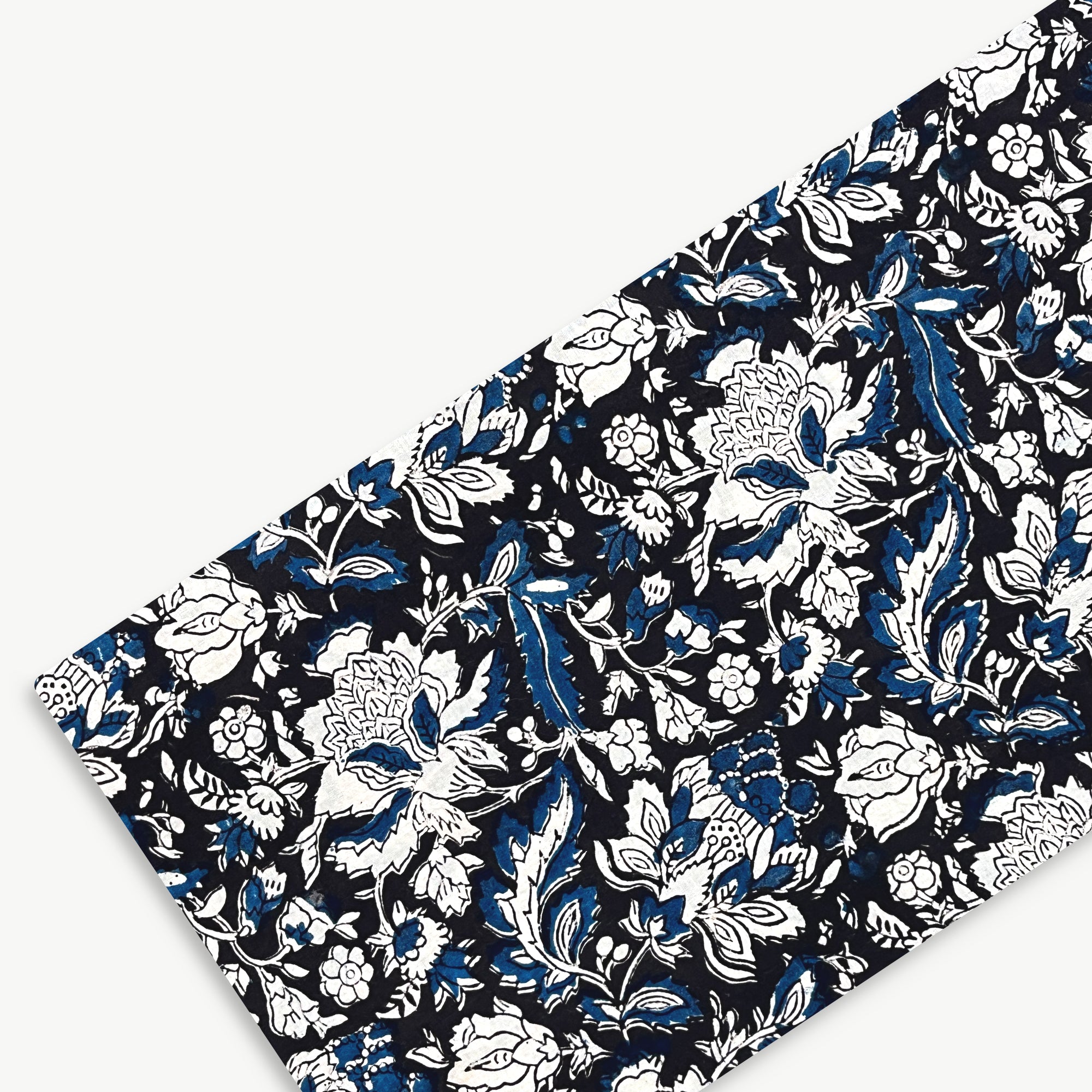 White & Blue Floral Jaal Bagru Hand Block Printed Cotton Fabric