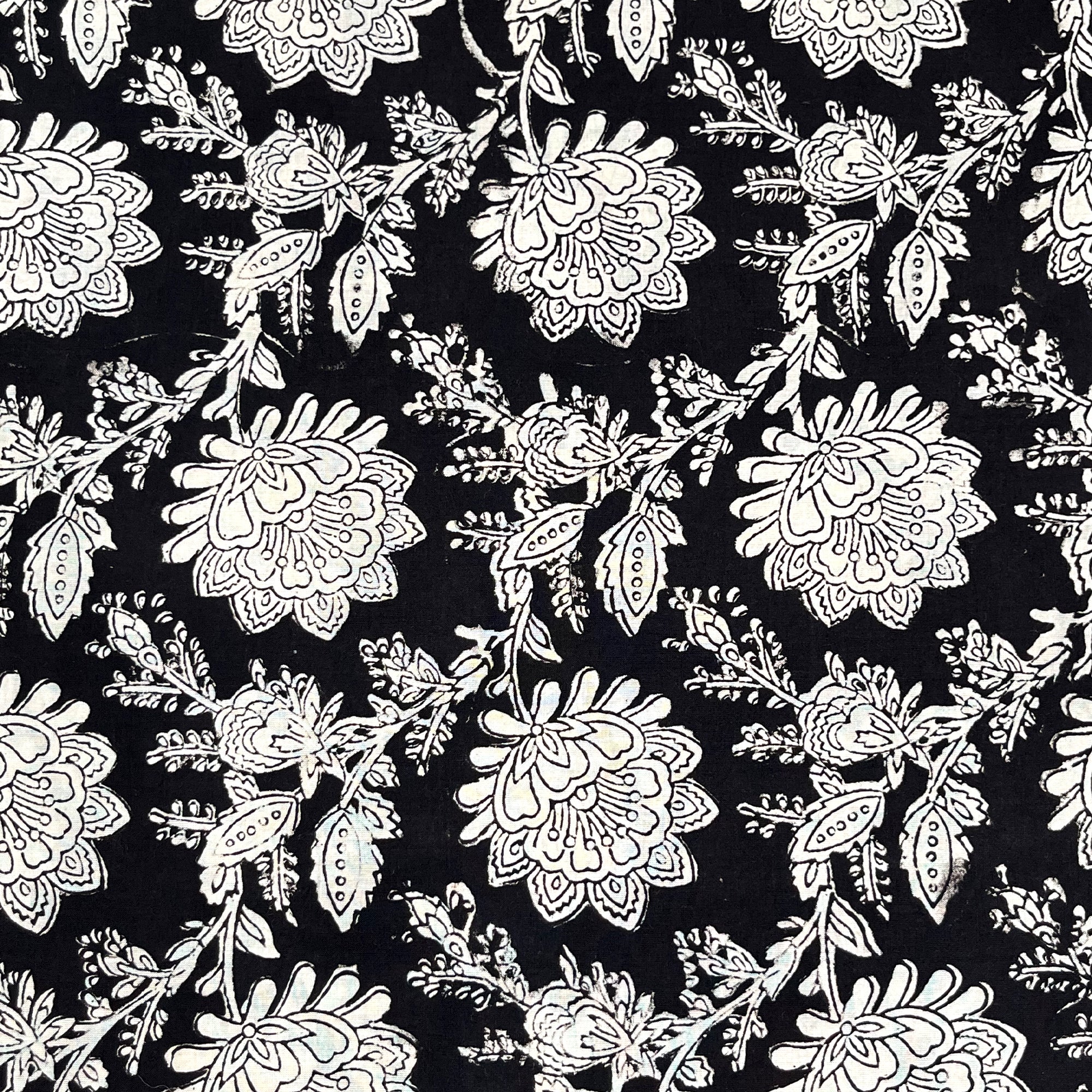 Black Floral Jaal Bagru Hand Block Printed Cotton Fabric
