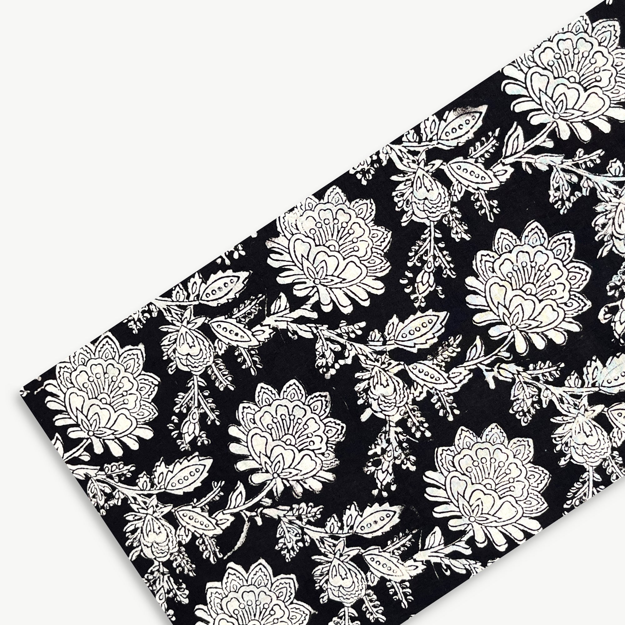 Black Floral Jaal Bagru Hand Block Printed Cotton Fabric