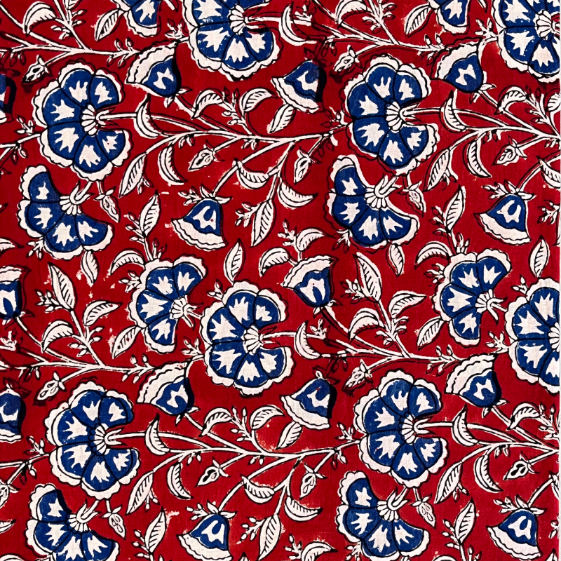 Blue Floral  Bagru Hand Block Printed Jaal Cotton Fabric