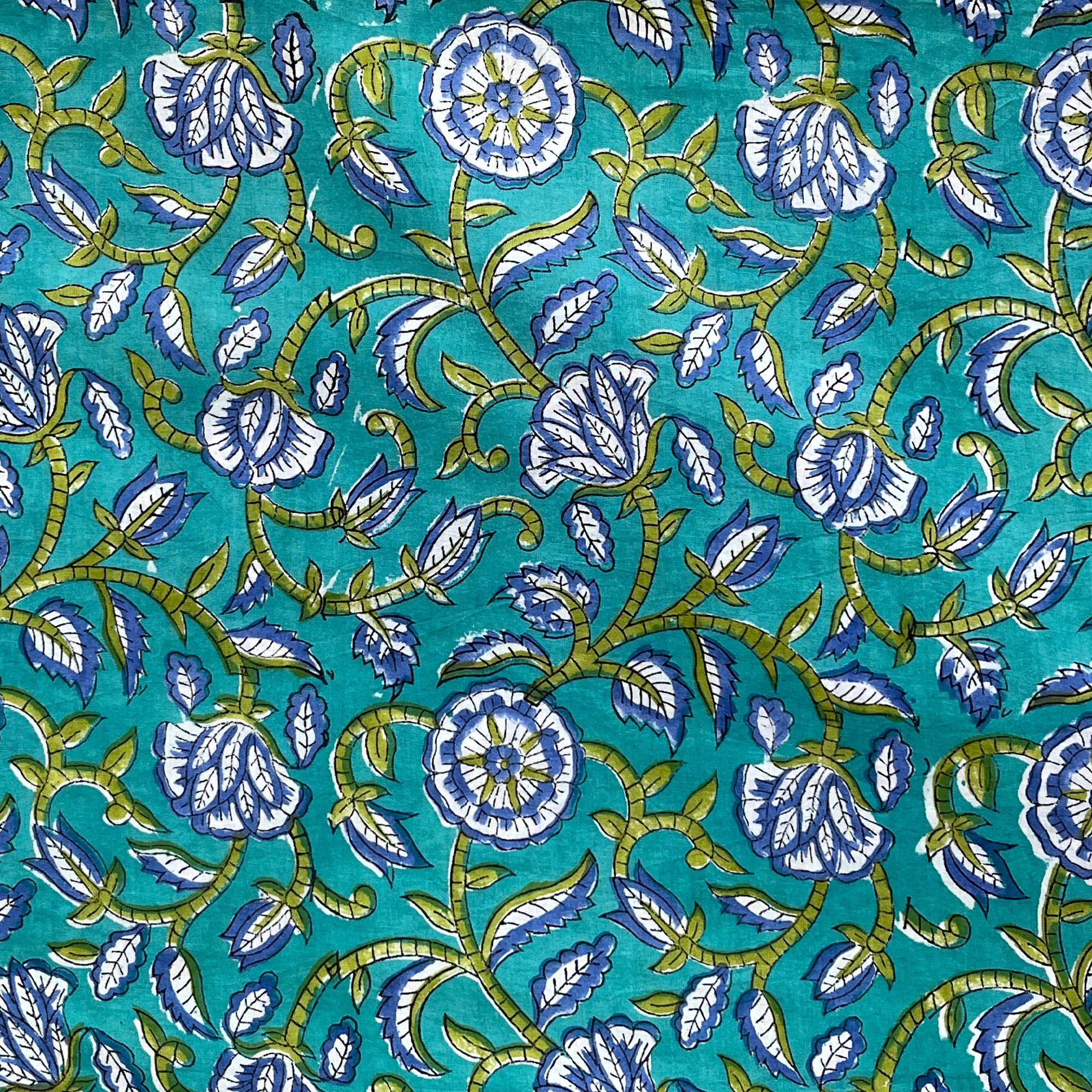 Blue Green Floral Jaal Rapid Hand Block Printed Cotton Fabric