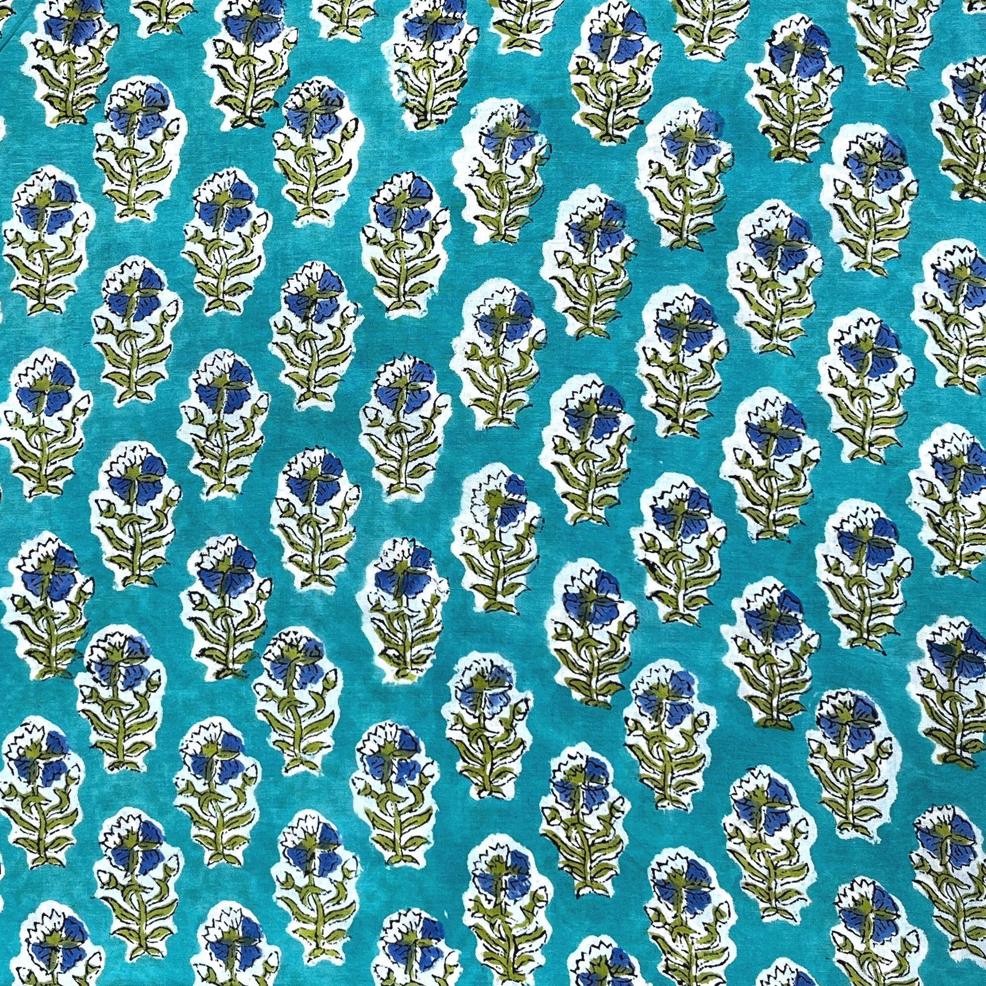 Blue Green Flower Butti Rapid Hand Block Printed Cotton Fabric
