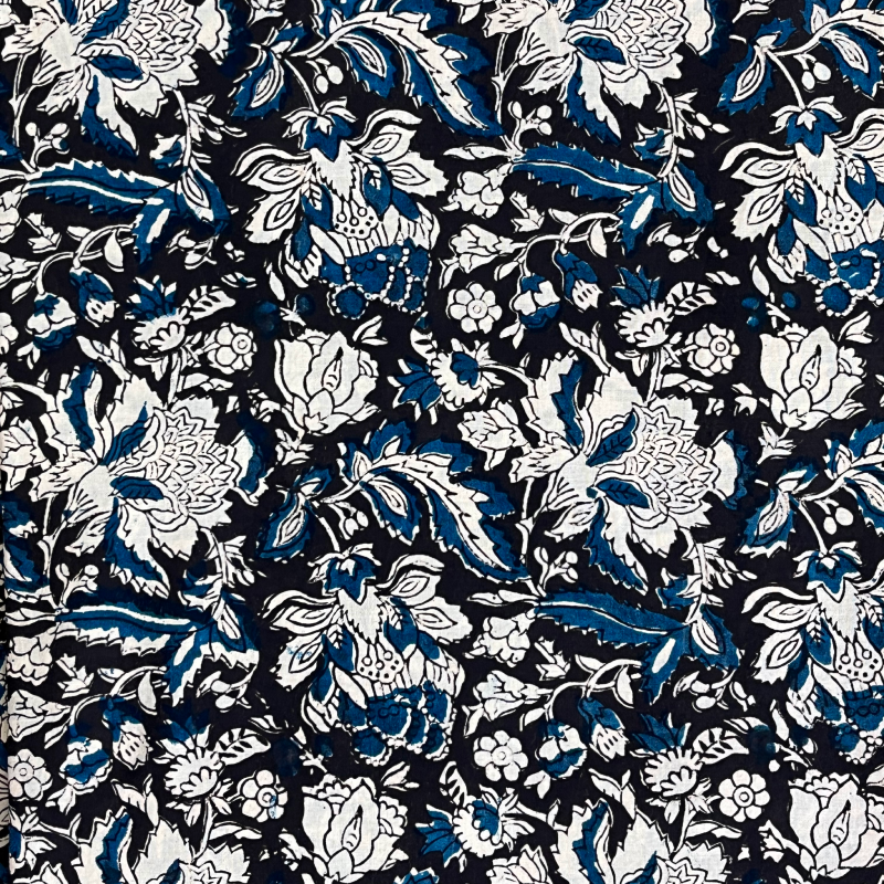 White & Blue Floral Jaal Bagru Hand Block Printed Cotton Fabric