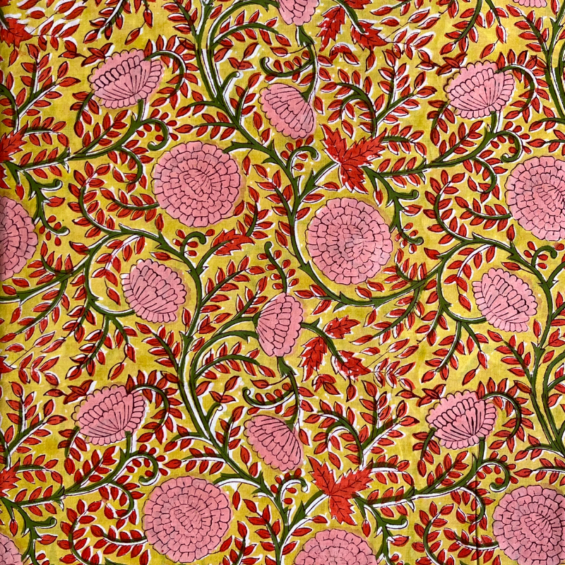 Mustard Pink Rose Jaal Rapid Hand Block Printed Cotton Fabric