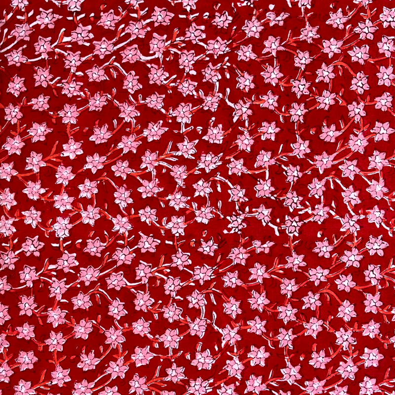 Red Pink Floral Jaal Rapid Hand Block Printed Cotton Fabric