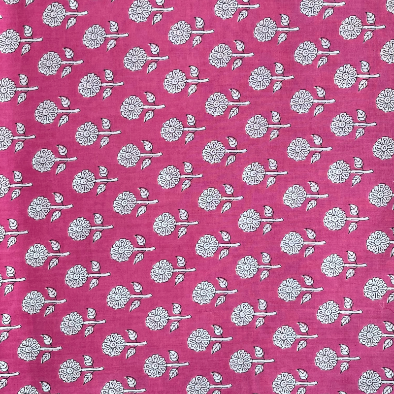Pink White Floral Butti Screen Print Cotton Fabric