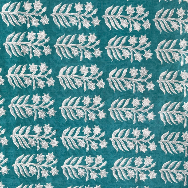 Light Green-White Floral Butta Screen Print Cotton Fabric