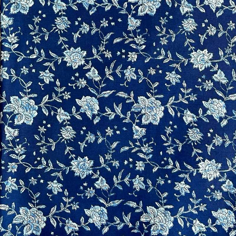 Indigo Floral Jaal Screen Print Cotton Fabric