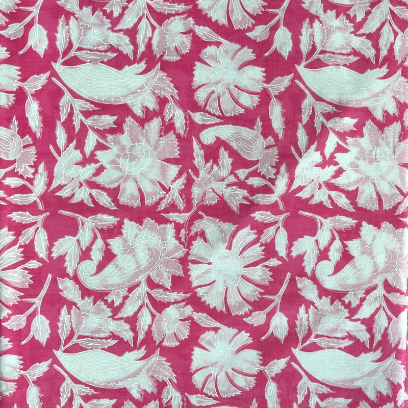 Pink White Floral Jaal Screen Print Cotton Fabric
