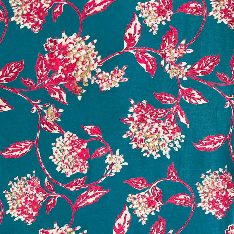 Blue & Red Floral Jaal Screen Print Cotton Fabric