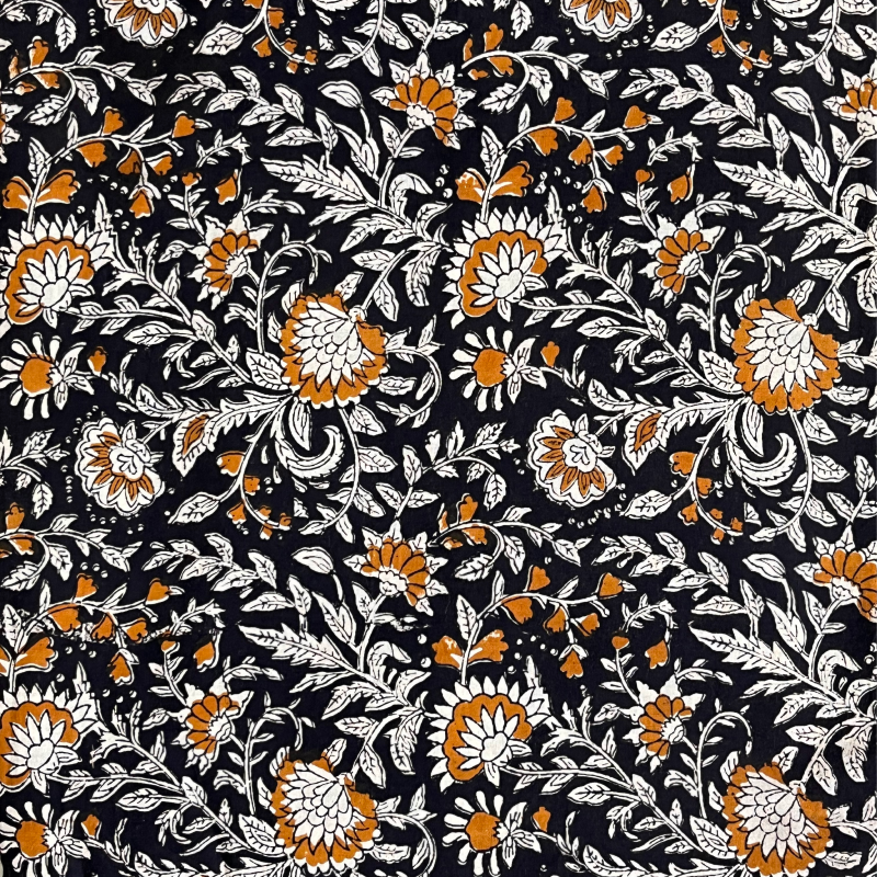 Golden Floral Jaal Bagru Hand Block Printed Cotton Fabric