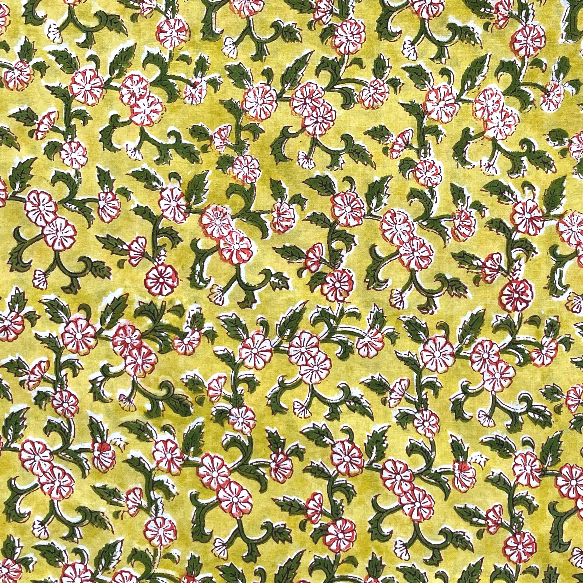 Lemon Yellow Floral Jaal Rapid Hand Block Printed Cotton Fabric