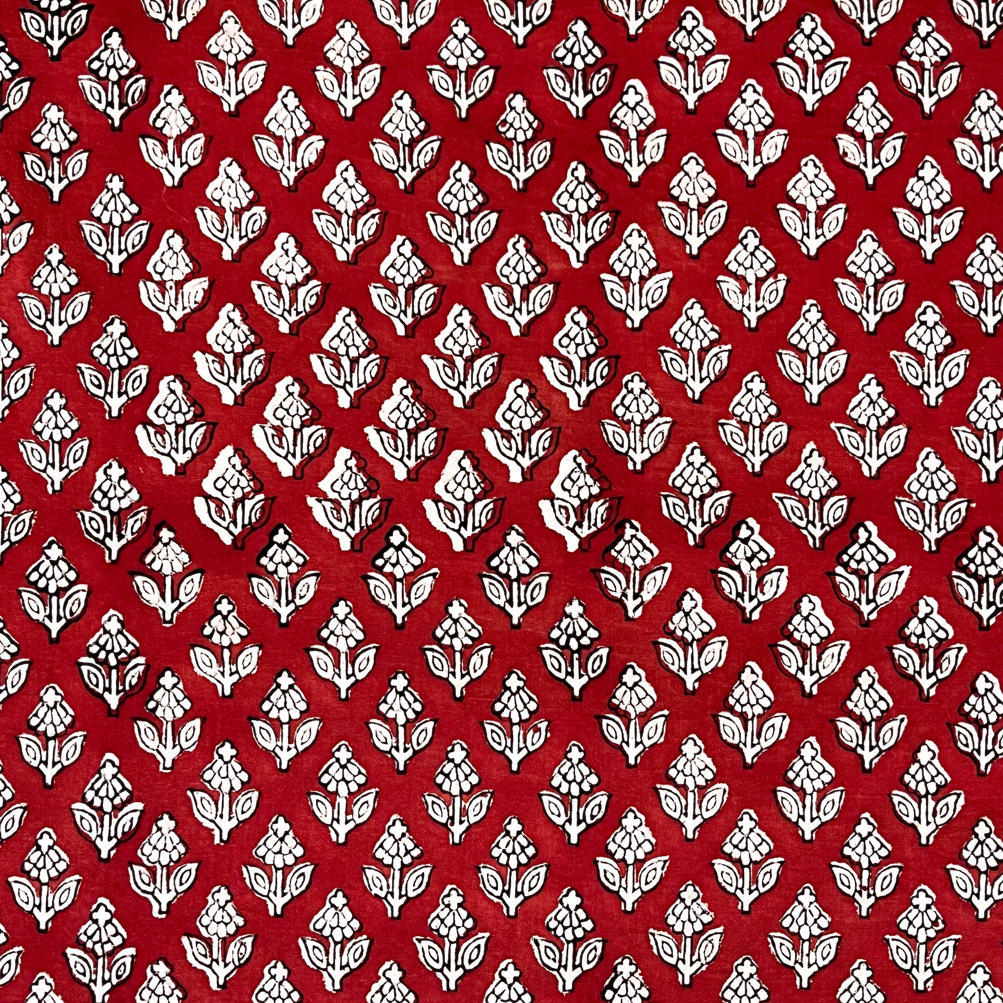 Red White Flower Butti Bagru Hand Block Printed Cotton Fabric